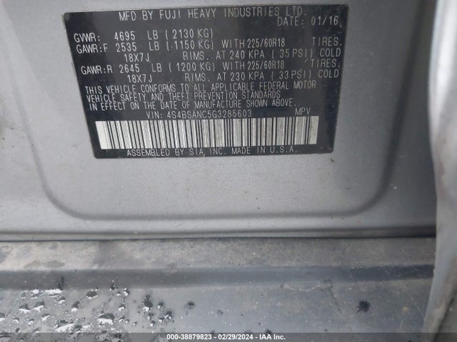 Subaru Outback 2.5i Limited 2016 4S4BSANC5G3285603 Image 9