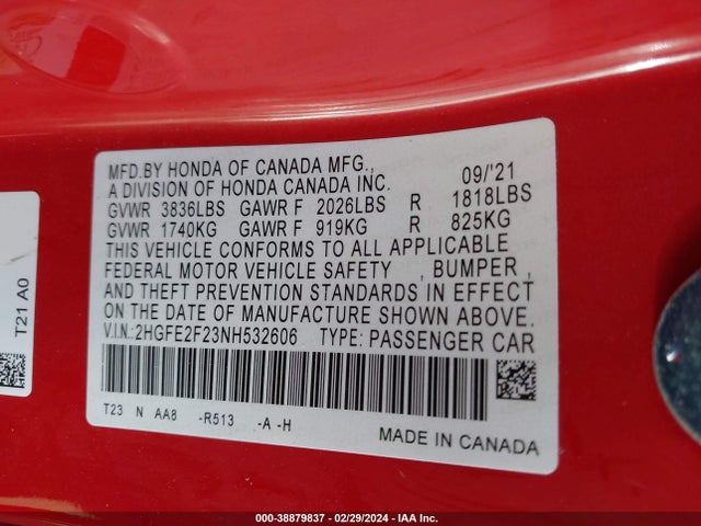 2022 HONDA CIVIC LX VIN: 2HGFE2F23NH532606