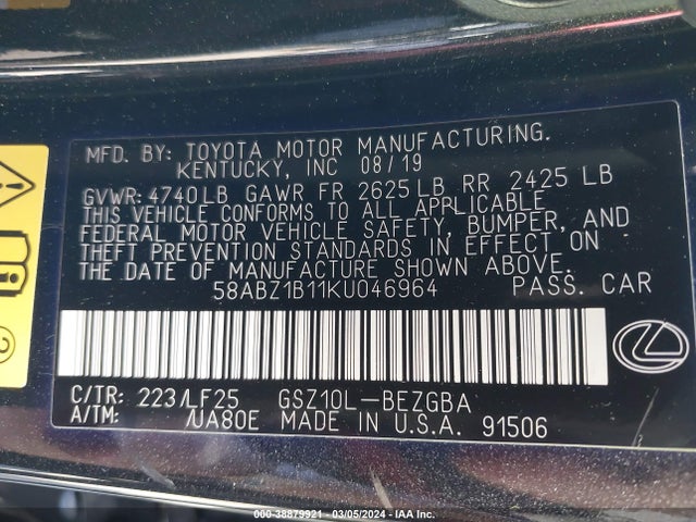 58ABZ1B11KU046964 Lexus Es 350 F Sport