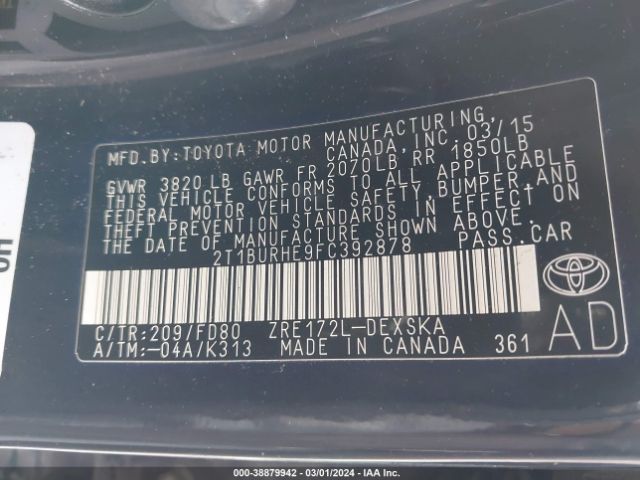 2T1BURHE9FC392878 Toyota Corolla S Plus