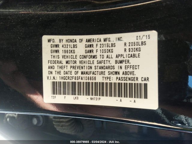 Honda Accord Ex-l 2015 1HGCR2F85FA108856 Image 9