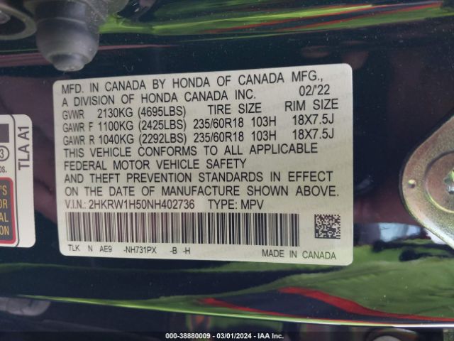 2HKRW1H50NH402736 Honda Cr-v 2wd Ex