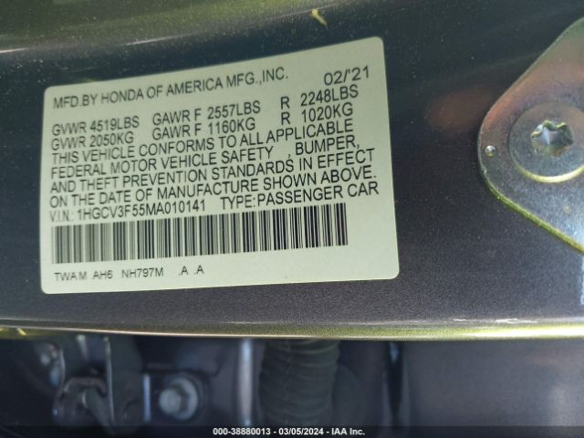1HGCV3F55MA010141 Honda Accord Hybrid Ex-l