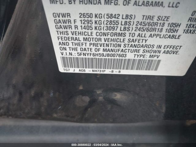 5FNYF6H59JB007603 Honda Pilot Ex-l