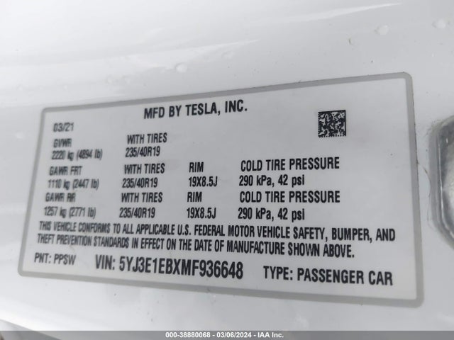 5YJ3E1EBXMF936648 Tesla Model 3 Long Range Dual Motor All-wheel Drive