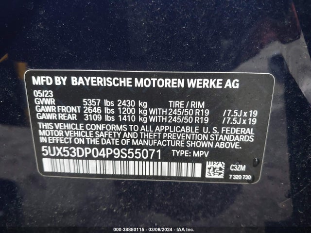BMW X3 Xdrive30i 2023 5UX53DP04P9S55071 Image 9
