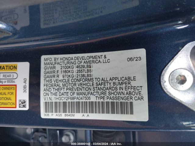1HGCY2F68PA047506 Honda Accord Hybrid Ex-l