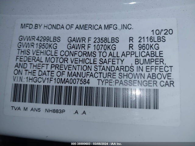 Honda ACCORD LX 2021 1HGCV1F10MA007584 Image 9