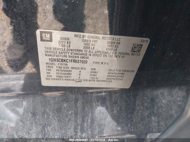 Chevrolet Tahoe Lt 2015 1GNSCBKC1FR637929 Image 9