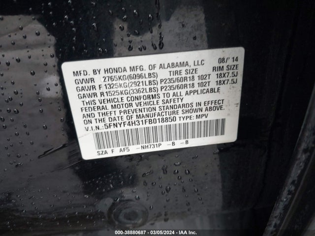 Honda PILOT SE 2015 5FNYF4H31FB018850 Image 9