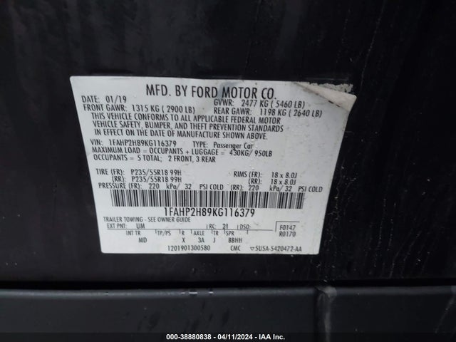 Ford TAURUS SEL 2019 1FAHP2H89KG116379 Image 9