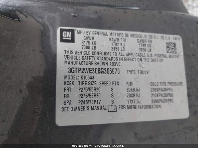 2011 GMC SIERRA 1500 SLT VIN: 3GTP2WE30BG306970