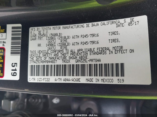 Toyota Tacoma Sr5 V6 2017 3TMAZ5CN8HM044027 Image 9