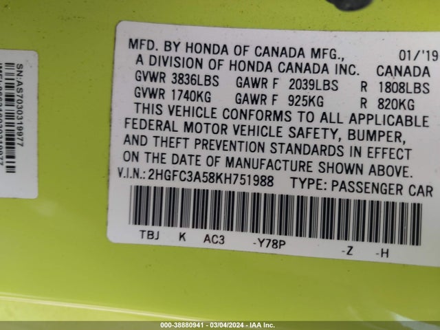 Honda CIVIC SI 2019 2HGFC3A58KH751988 Image 9