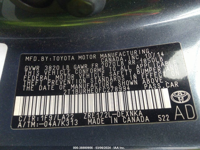 Toyota Corolla Le Premium 2015 2T1BURHE0FC278994 Image 9