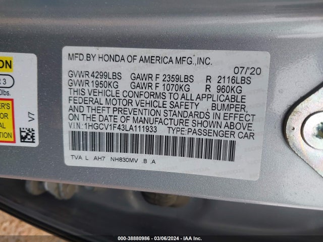 Honda ACCORD EX 2020 1HGCV1F43LA111933 Image 9