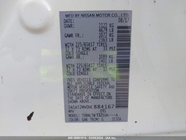 5N1AT2MV0HC884167 Nissan ROGUE SV