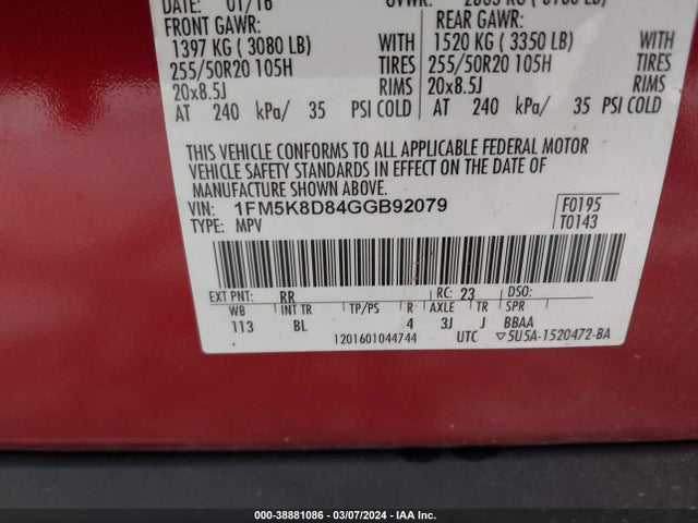 Ford EXPLORER XLT 2016 1FM5K8D84GGB92079 Image 9