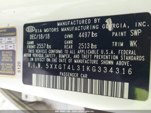 KIA Optima Lx 2019 5XXGT4L31KG334316 Image 9