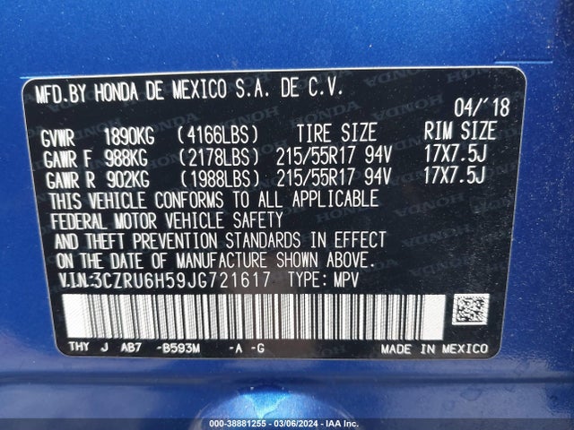 Honda HR-V EX 2018 3CZRU6H59JG721617 Image 9