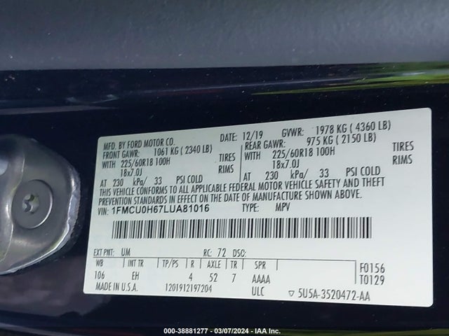 Ford ESCAPE SEL 2020 1FMCU0H67LUA81016 Image 9