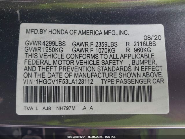1HGCV1F53LA128112 Honda Accord Ex-l