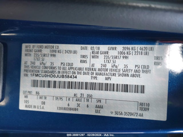 Ford ESCAPE SEL 2018 1FMCU0HD0JUB58434 Image 9