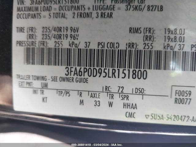 2020 FORD FUSION TITANIUM VIN: 3FA6P0D95LR151800