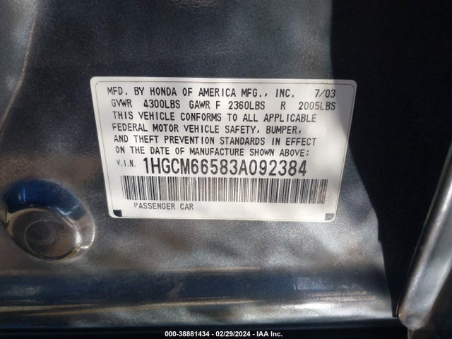 2003 HONDA ACCORD 3.0 EX VIN: 1HGCM66583A092384