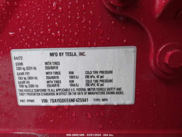 7SAYGDEE6NF425941 Tesla Model Y Long Range Dual Motor All-wheel Drive