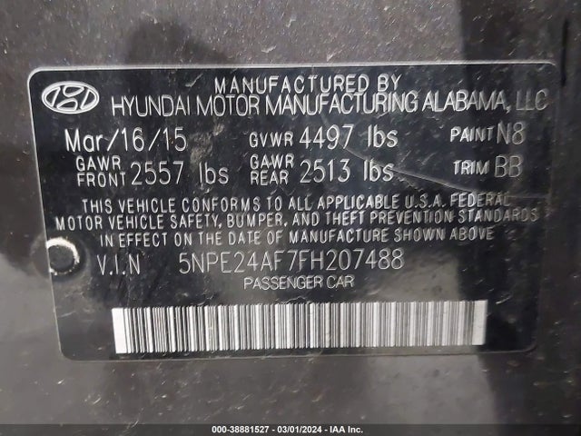 Hyundai SONATA SE 2015 5NPE24AF7FH207488 Image 9