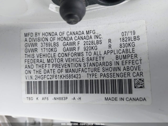 Honda Civic Lx 2019 2HGFC2F61KH585423 Image 9