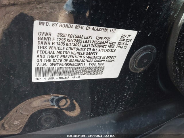 Honda Pilot Touring 2017 5FNYF6H95HB029711 Image 9
