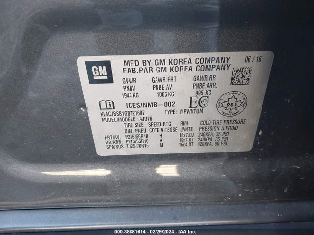KL4CJBSB1GB721697 Buick Encore Convenience