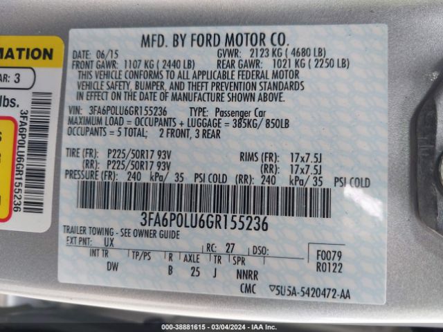 3FA6P0LU6GR155236 Ford Fusion Hybrid Se