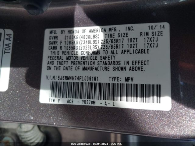 5J6RM4H74FL009161 Honda Cr-v Ex-l