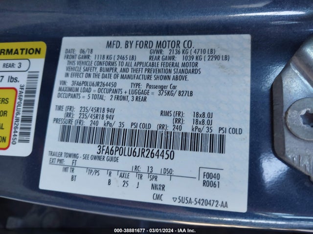 Ford Fusion Hybrid Se 2018 3FA6P0LU6JR264450 Image 9