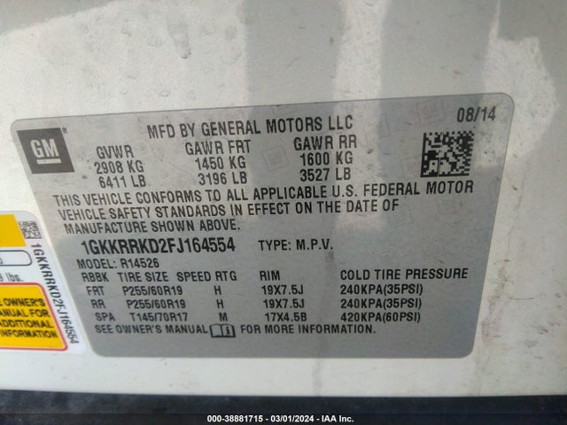 GMC Acadia Slt-1 2015 1GKKRRKD2FJ164554 Image 9