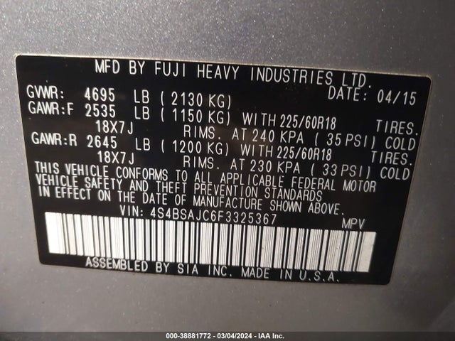 Subaru Outback 2.5i Limited 2015 4S4BSAJC6F3325367 Image 9