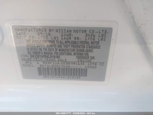 3N1CN7AP6KL818182 Nissan Versa 1.6 Sv