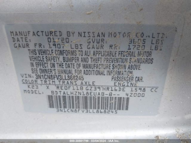3N1CN8FV3LL868245 Nissan Versa Sr Xtronic Cvt