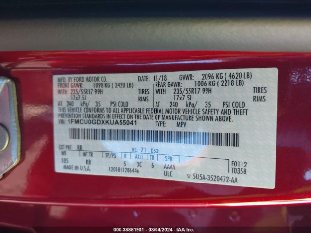 1FMCU0GDXKUA55041 Ford ESCAPE SE