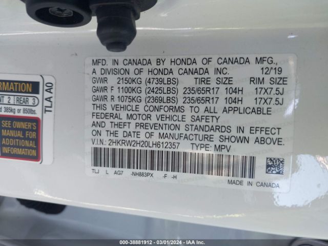 2HKRW2H20LH612357 Honda Cr-v Awd Lx
