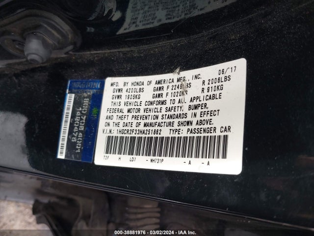 Honda ACCORD LX 2017 1HGCR2F33HA251862 Image 9