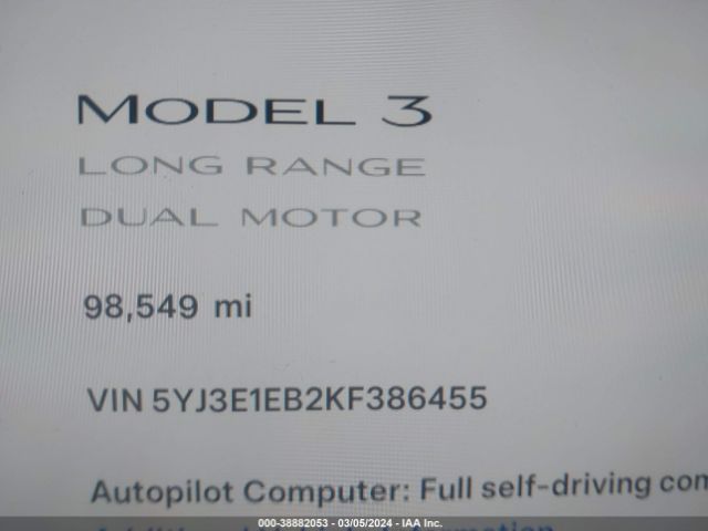 5YJ3E1EB2KF386455 Tesla Model 3 Long Range/performance
