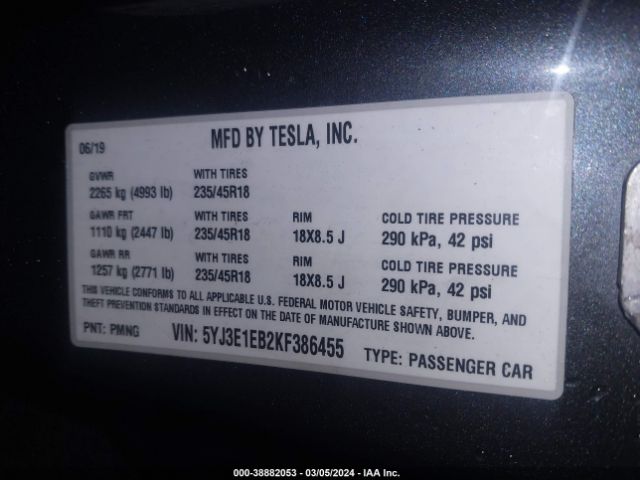 5YJ3E1EB2KF386455 Tesla Model 3 Long Range/performance