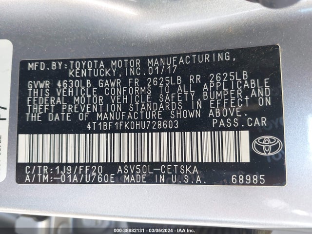 Toyota CAMRY SE 2017 4T1BF1FK0HU728603 Image 9