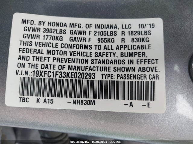 Honda CIVIC EX 2019 19XFC1F33KE020293 Image 9