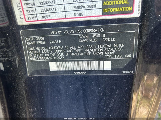 2007 VOLVO C70 T5 VIN: YV1MC68227J013672