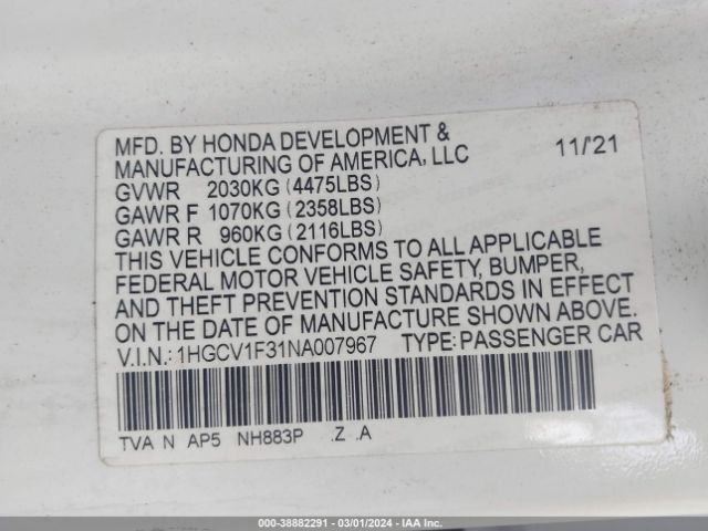 1HGCV1F31NA007967 Honda Accord Sport